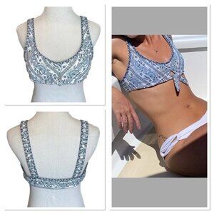Mossimo Blue Steel/ White Paisley Bikini Top Women Large Front Knot Square Back